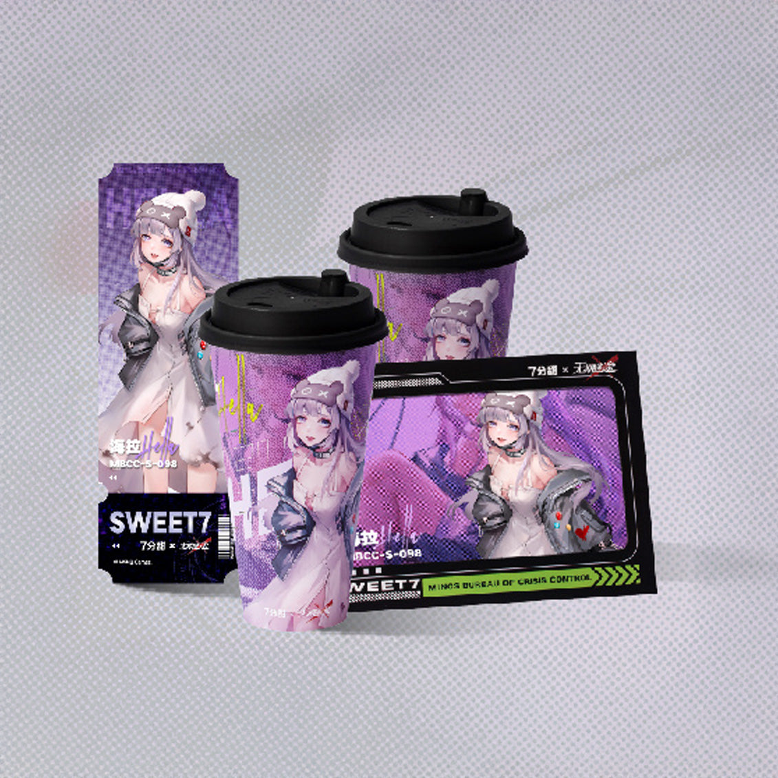 Path to Nowhere Official 7 Minutes Collab Goods. Shalom, Bianca, Ella Photo Card, Ticket, and Cup Set.