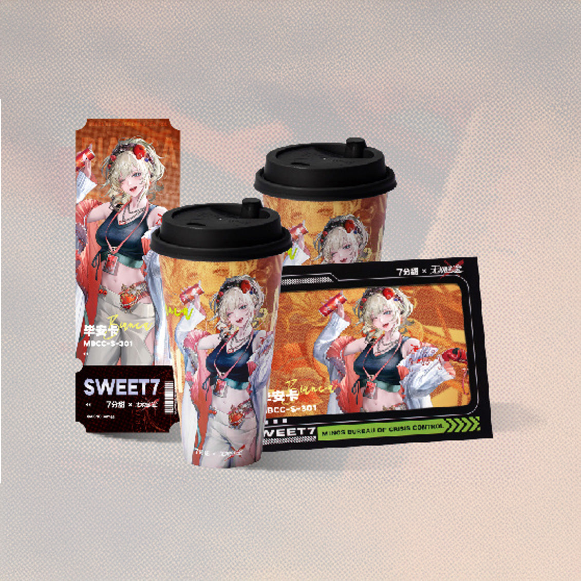 Path to Nowhere Official 7 Minutes Collab Goods. Shalom, Bianca, Ella Photo Card, Ticket, and Cup Set.